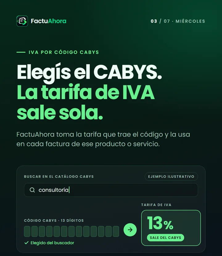 FactuAhora: la tarifa de IVA sale del código CABYS