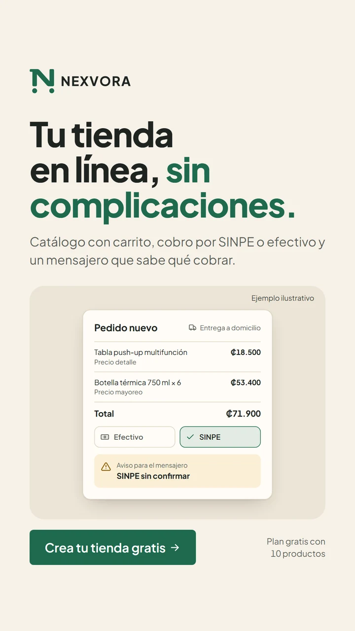 Ejemplo ilustrativo de un Estado de WhatsApp de NEXVORA con un pedido de muestra, pago por SINPE y el aviso «SINPE sin confirmar» para el mensajero.