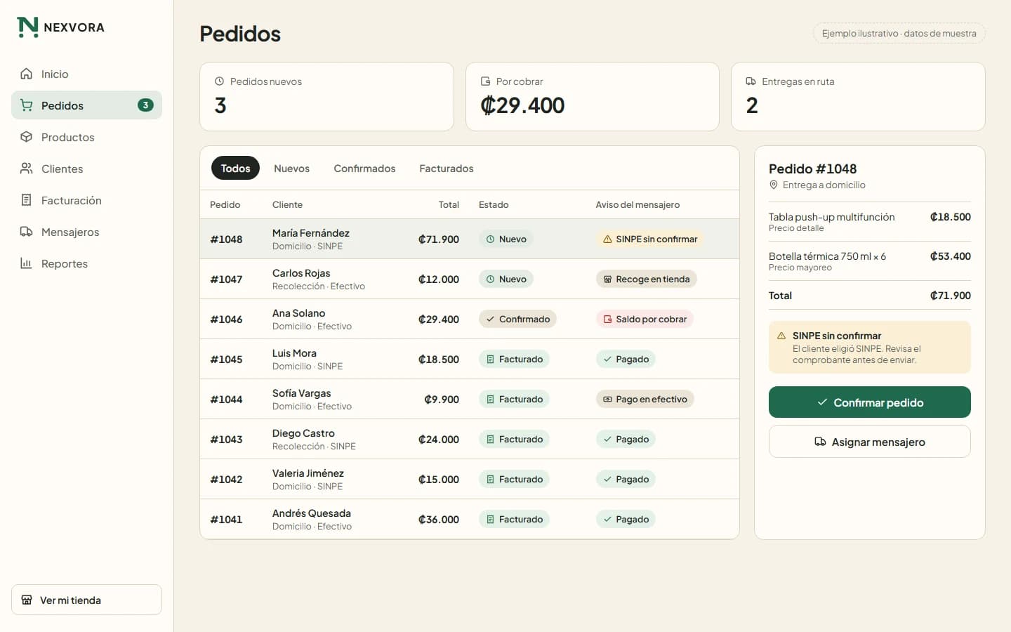 Ejemplo ilustrativo del panel de pedidos de NEXVORA: lista de pedidos con su estado y el aviso para el mensajero, y el detalle de un pedido con los botones «Confirmar pedido» y «Asignar mensajero».